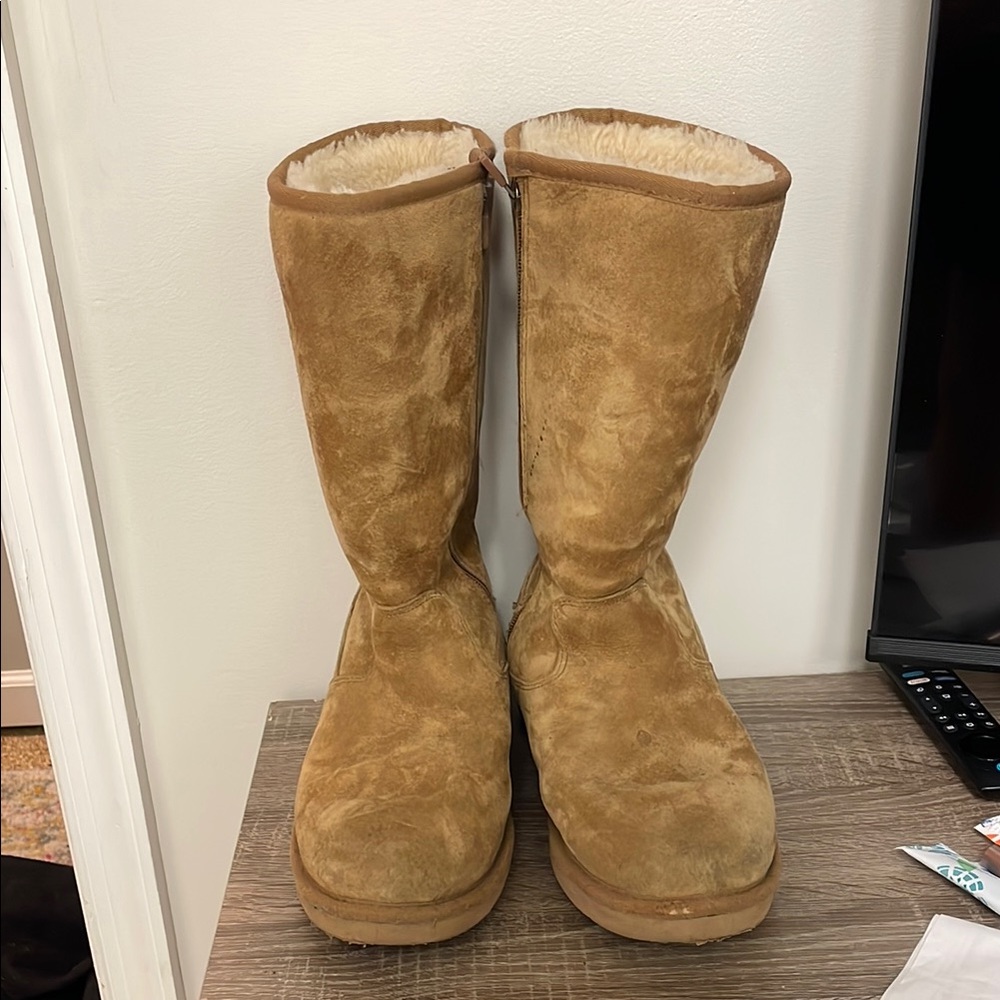 UGG Tan Suede Boots with Fur Trim